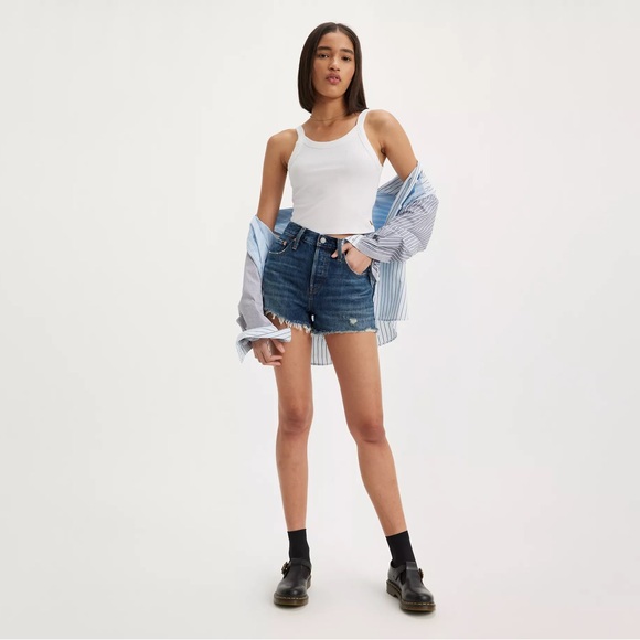 Levi's 501 Original Fit High Rise Shorts Dark Wash Distressed 28 - Picture 2 of 14